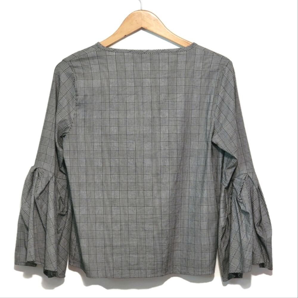 ZARA WOMAN Plaid Bell Sleeve Black and White Cotton Blend Top Size M - Picture 9 of 13